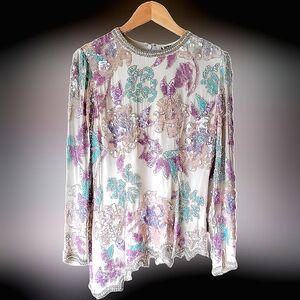 Niteline Vintage Silk Floral Beaded Sequin Asymmetric Long Sleeves Blouse - EUC